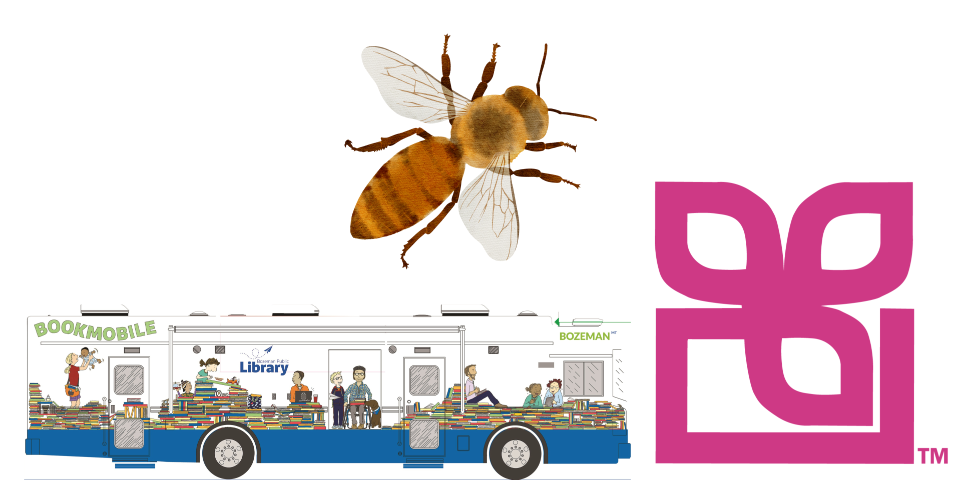 Images of the Sweet Pea logo, the Bookmobile, and a bee