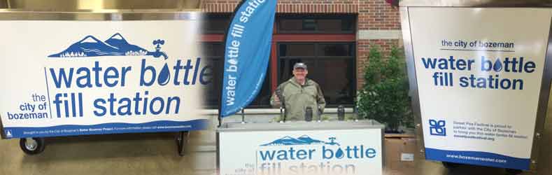 A portable counter with multiple taps, connecting residents to Bozeman's City water for drinking.