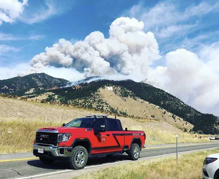 Battalion Fire Truck with smoke from Bridger Fire 