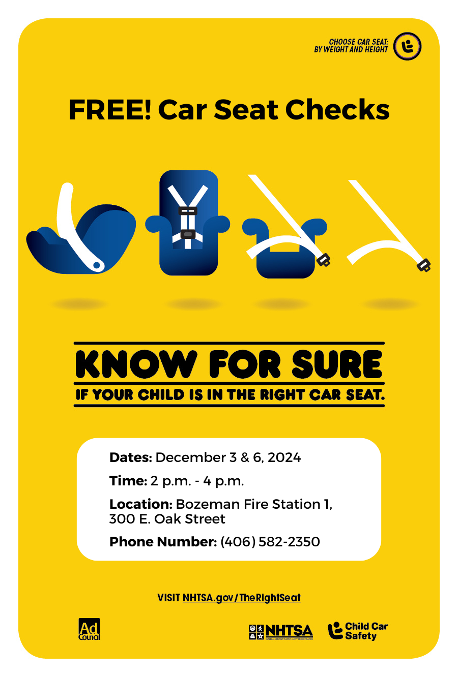 Icons for different types of car seats with details for a Car Seat Check event: 12/3 and 12/6/24 from 2-4 pm at Bozeman Fire, 300 E. Oak St. 